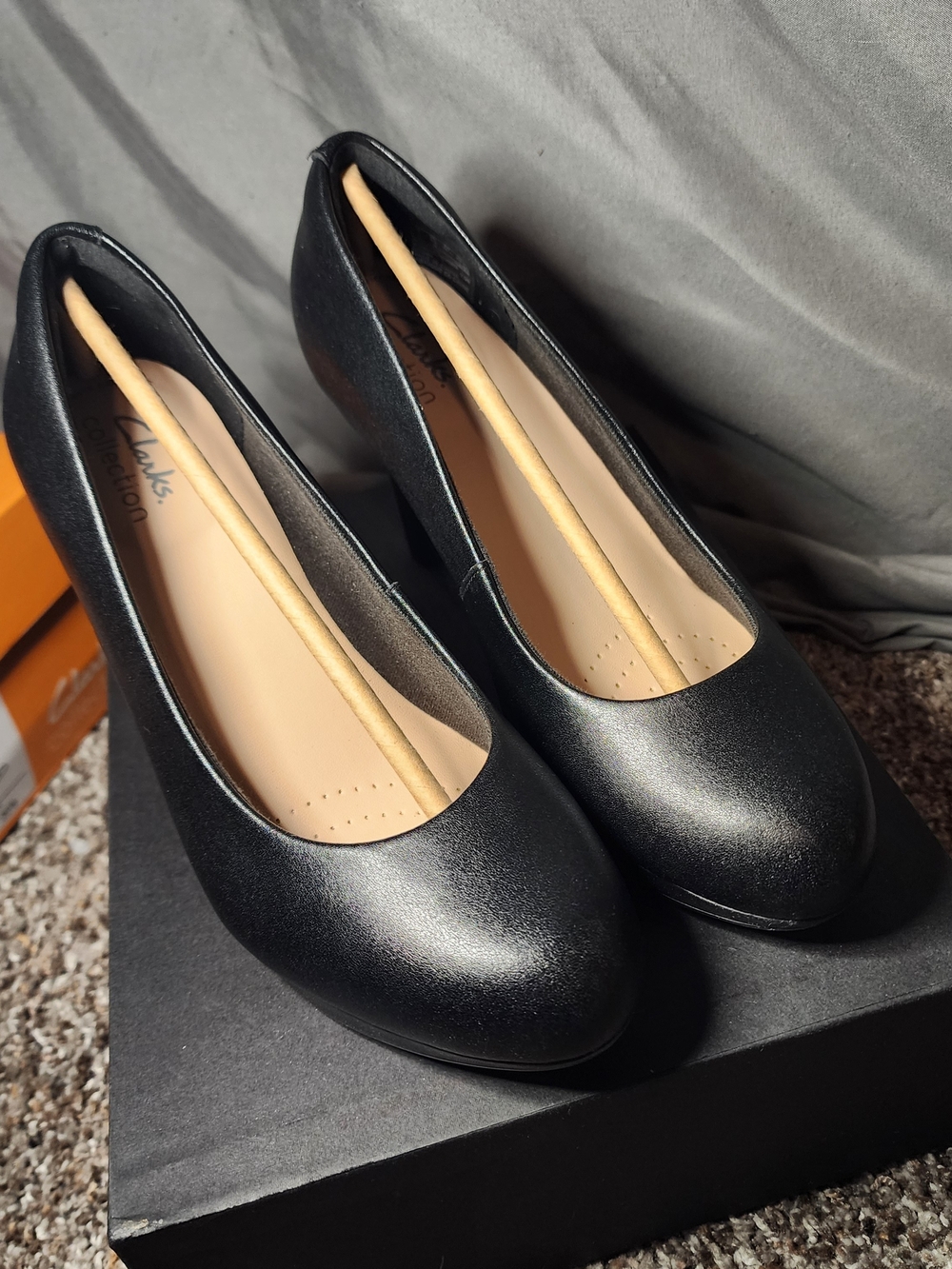 Clarks Black Leather Mid Heel Rounded Pumps